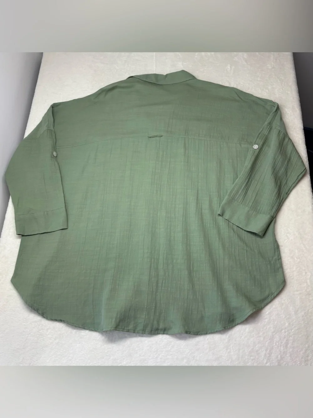 mySTYLE Green Oversized Button Up Shirt Textured Gauze Tab Sleeve Top L XL - Picture 10 of 10
